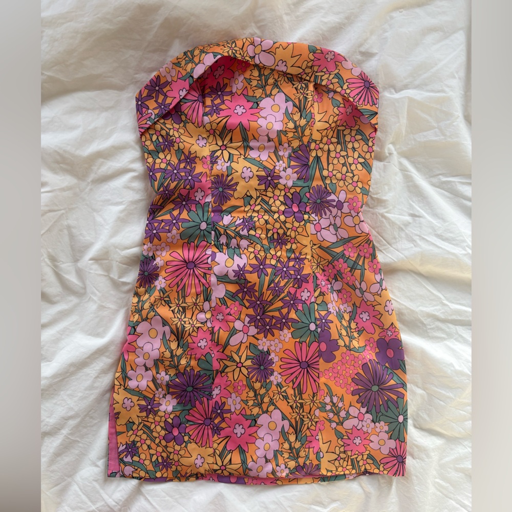 Strapless Floral Mini Tube Dress w Tie Back, Mini Slit